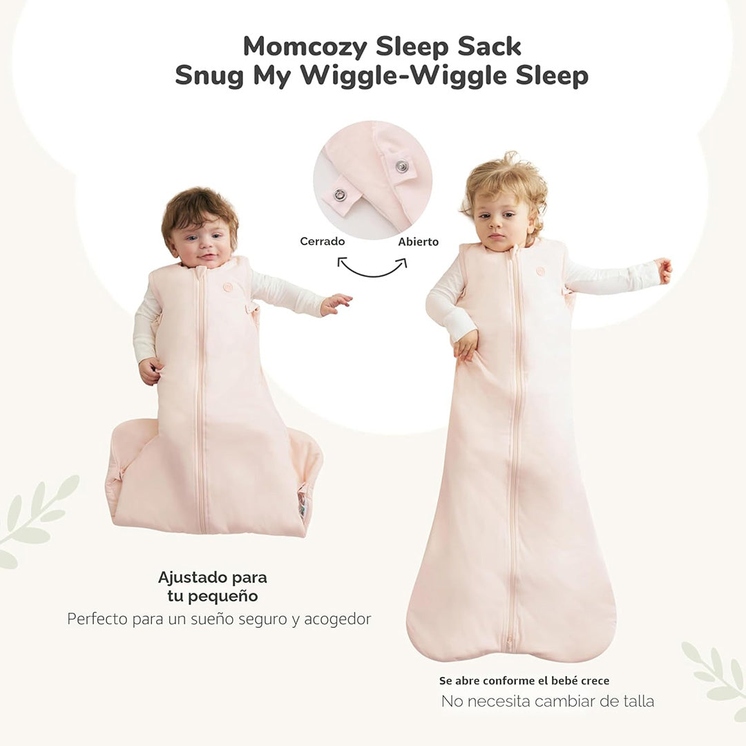 Saco de dormir para bebé Momcozy 1.5 TOG color rosado, vista frontal y ajuste mediante crecimiento bebé