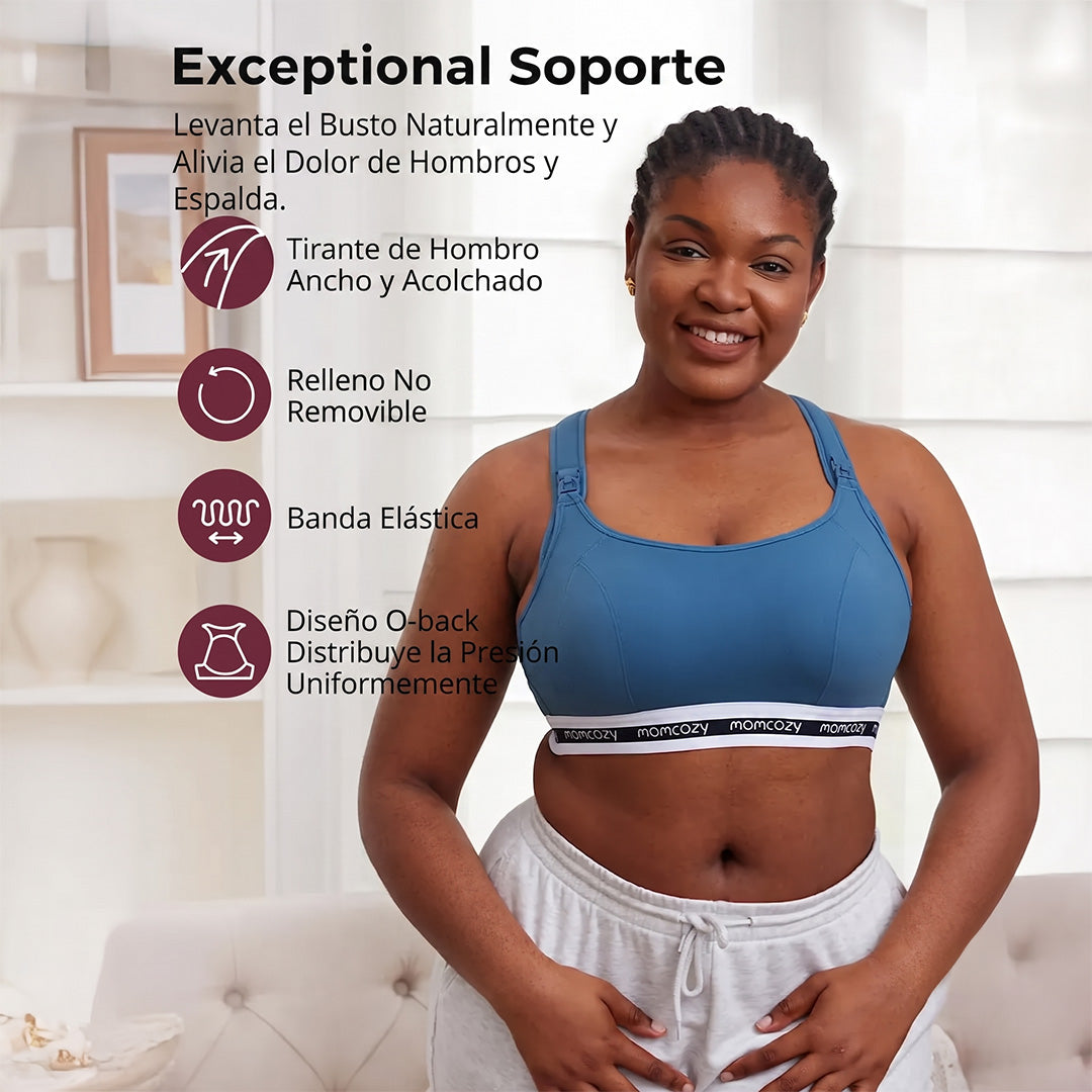 Sostén deportivo de lactancia Momcozy FB011 azul — vista trasera con diseño O-back, panel de malla y banda elástica Momcozy