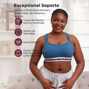 Sostén deportivo de lactancia Momcozy FB011 azul con soporte excepcional — tirantes anchos acolchados, relleno no removible, banda elástica y diseño O-back