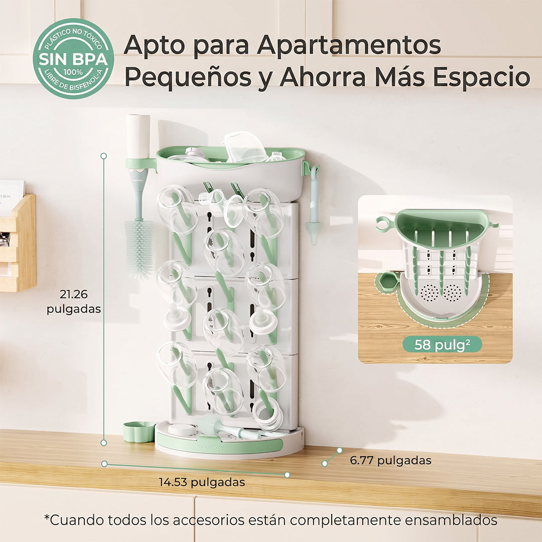Escurridor de mamaderas Momcozy DIY para 18 mamaderas — torre modular blanco y verde con bandeja, portacepillos y accesorios incluidos