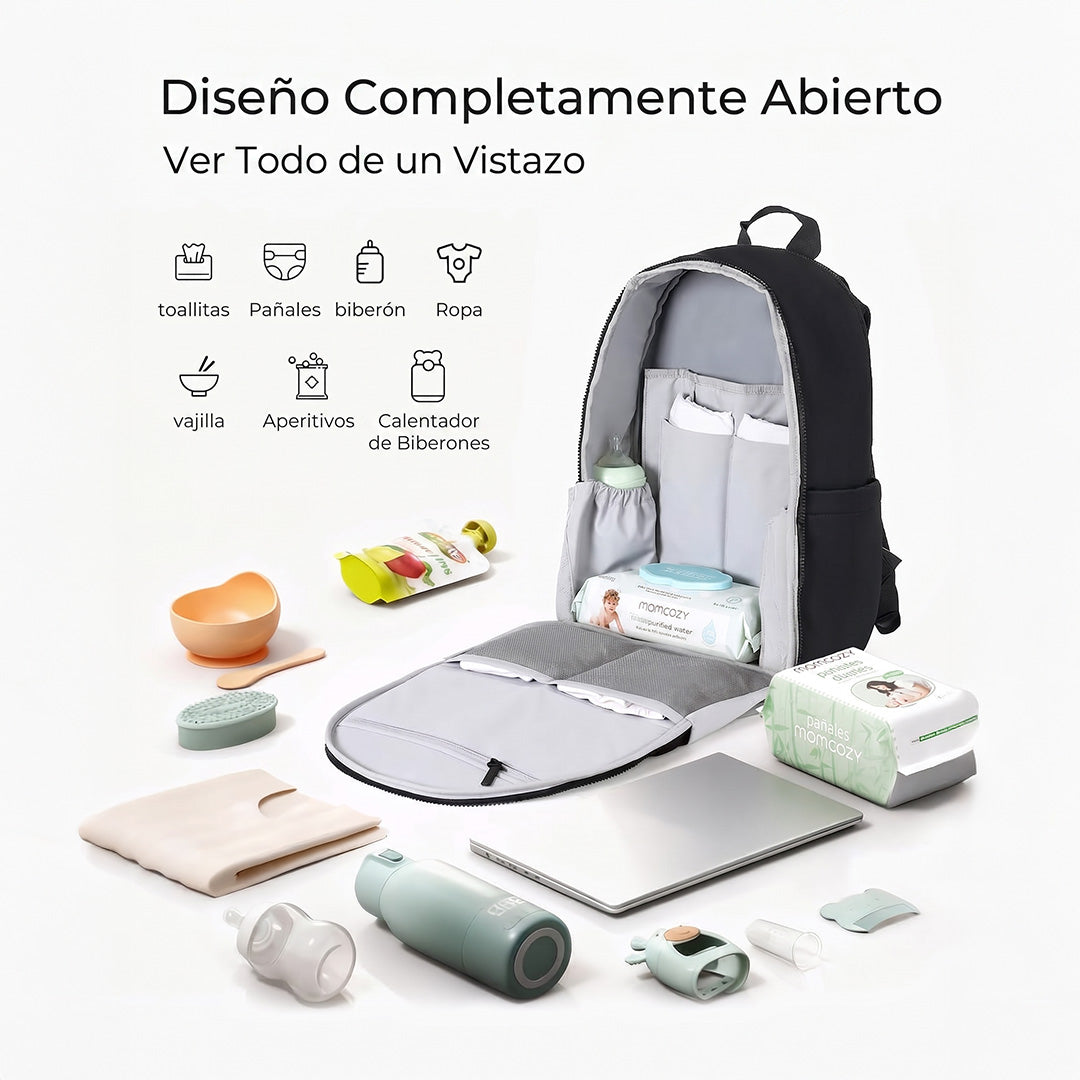 Mochila para pañales Momcozy Urban completamente abierta — todos los compartimentos y accesorios a la vista