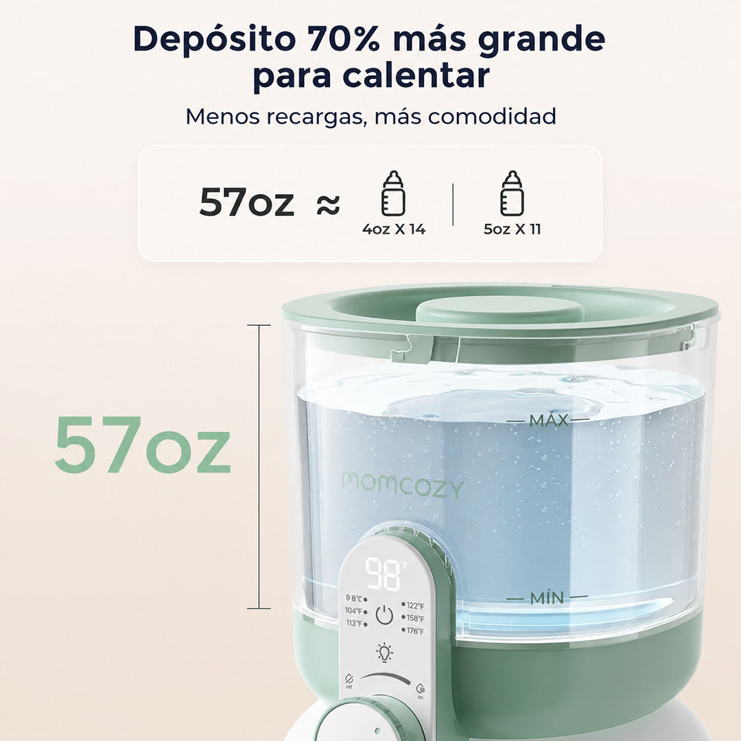 Display digital del dispensador Momcozy mostrando temperatura del agua para mamadera