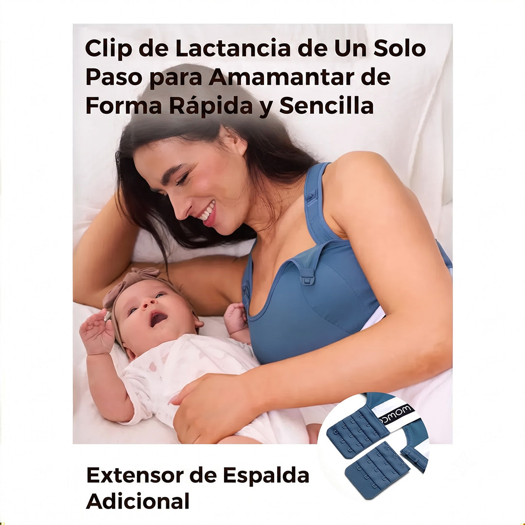Clip de lactancia de un solo paso del sostén Momcozy FB011 azul — acceso rápido para amamantar o usar extractor wearable, incluye extensor de espalda adicional