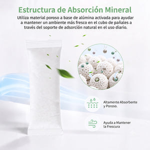 Estructura de absorción mineral del desodorizante Momcozy — alúmina activada para eliminar olores en el contenedor de pañales