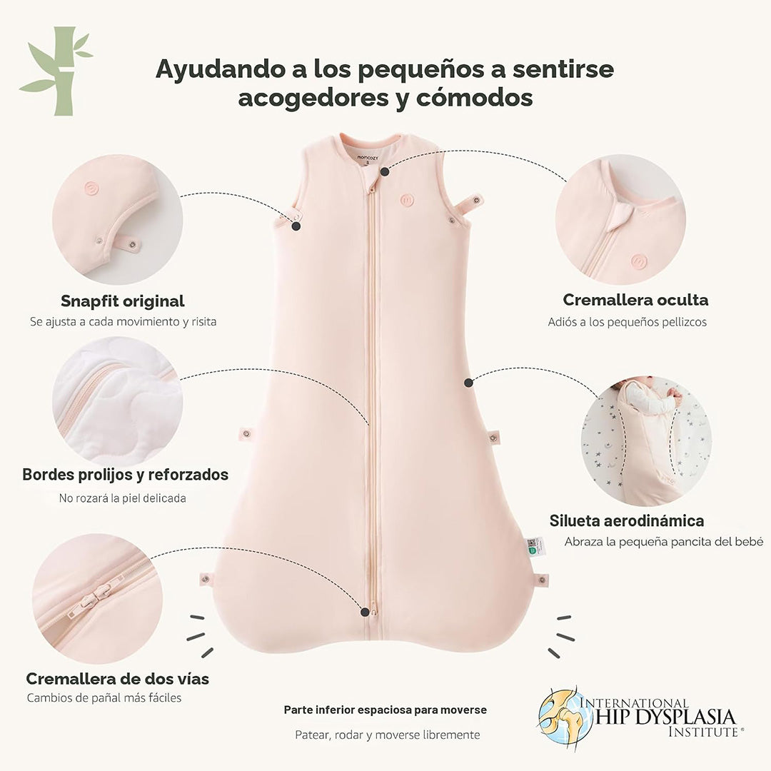 Saco de dormir para bebé Momcozy 1.5 TOG color rosado detalle de caracteristicas