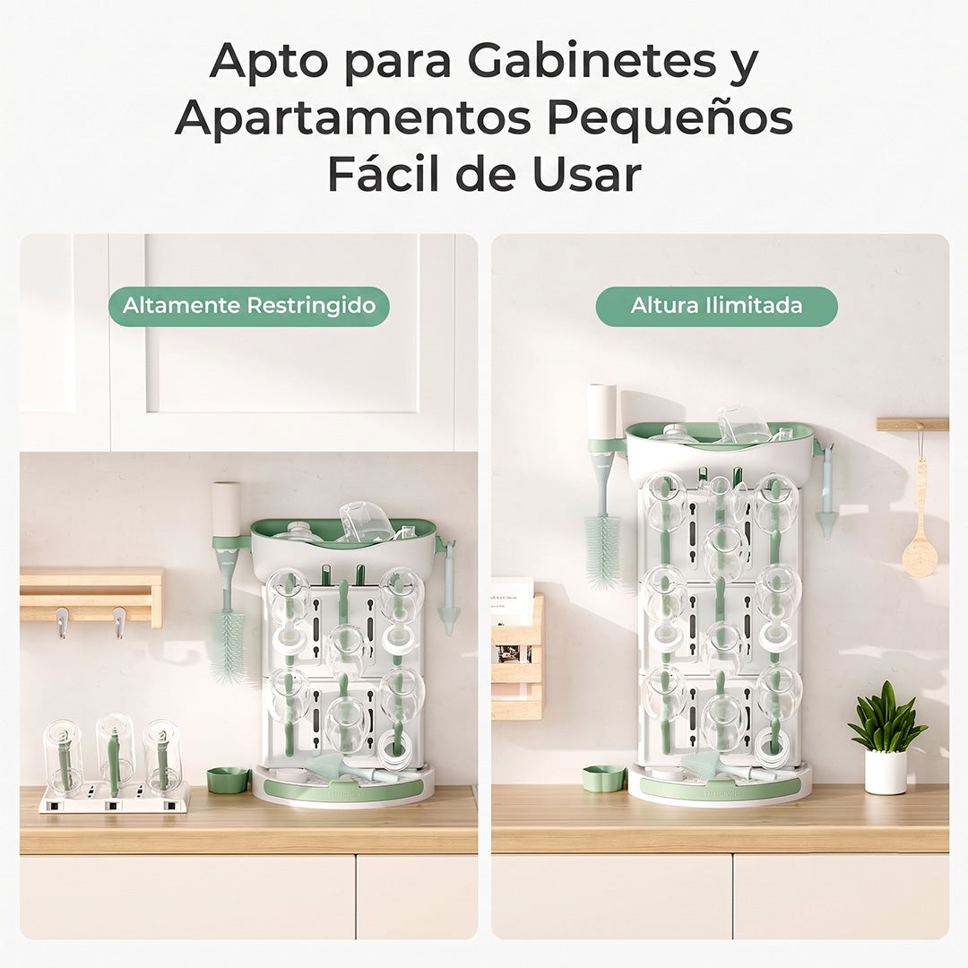 Escurridor Momcozy con crecimiento ilimitado en altura — cabe bajo gabinetes, a diferencia de secadores de mamaderas planos