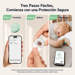 Detalle del parche adhesivo hipoalergénico del termómetro Momcozy certificado ISO 10993