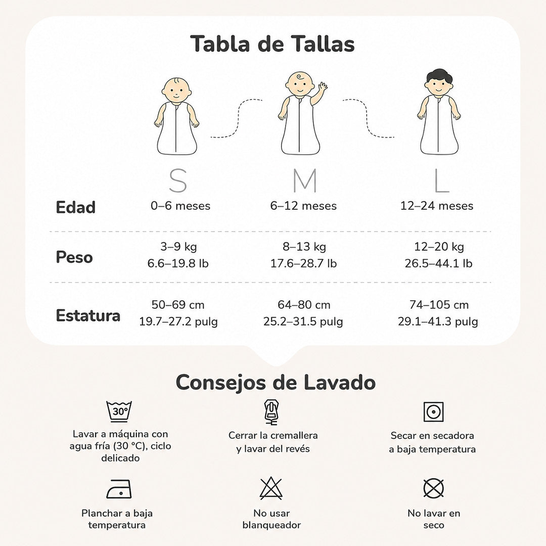 Table de tallas Saco de dormir para bebé Momcozy 1.5 TOG