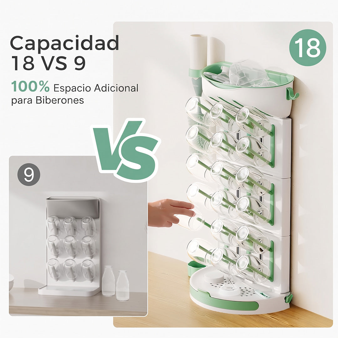 Escurridor Momcozy para 18 mamaderas versus competidor con 9 — 100% más espacio para secar mamaderas