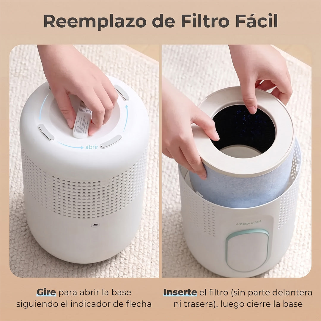 Reemplazo de filtro Momcozy AP01 sin herramientas: girar base y colocar nuevo filtro en segundos