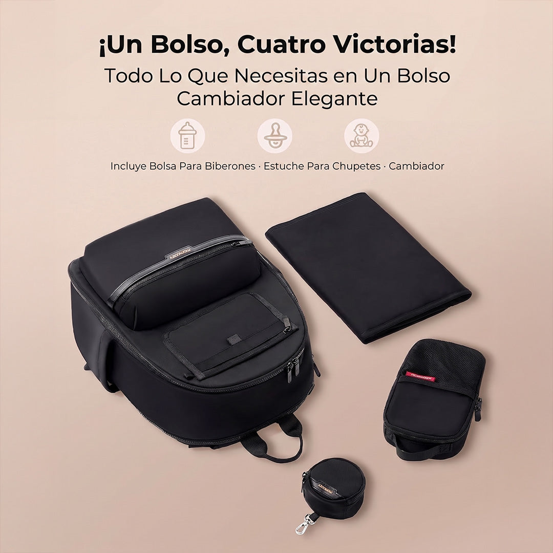 Mochila para pañales Momcozy Urban con accesorios incluidos — bolsa biberones, estuche chupones y cambiador