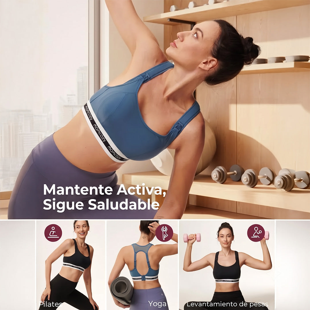 Mantente activa con el sostén deportivo Momcozy FB011 azul — ideal para pilates, yoga y levantamiento de pesas durante la lactancia