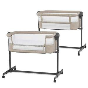 Cuna colecho Nestee Up 2 Kinderkraft color beige, vista en ángulo con lateral cerrado y abatido