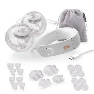Extractor de leche doble manos libres Gentlenest Kinderkraft con banda de cuello, copas, bridas de 5 tamaños, repuestos, cable USB-C y bolsa