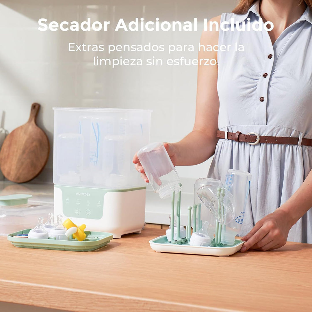 Diseño apilable del esterilizador Momcozy 4 en 1 para ahorrar espacio en cocina o pieza del bebé