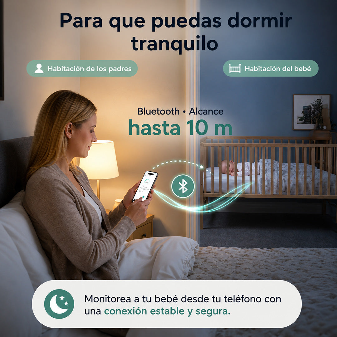 Pantalla de lectura del termómetro continuo Momcozy con datos de temperatura bebé
