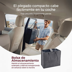 Coche Momcozy TuckGo plegado en asiento trasero del auto con bolsa de almacenamiento incluida — transporte ordenado y sin esfuerzo