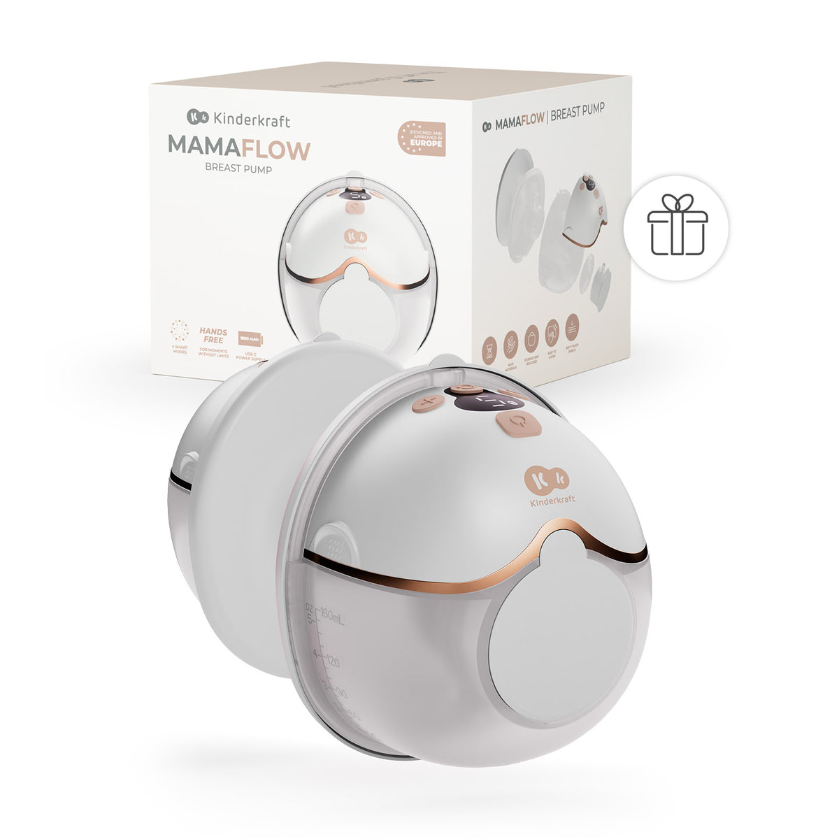 Caja del extractor de leche inalámbrico Mamaflow Kinderkraft color dorado junto al extractor