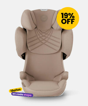silla de auto butaca para niños última etapa de seguridad color cozy beige solution t de cybex vista frontal con 19% de descuento 19 años en cada etapa