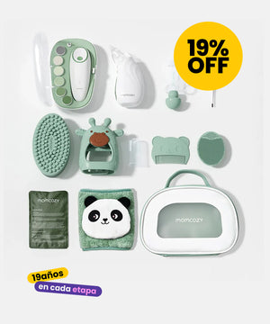 kit cuidado del bebé de momcozy cuanta con lima de uñas, aspirador nasal, termometro, cepillo, peineta, toalla y bolso para llevar todos los accesorios  para bebé con 19% de descuento 19 años en cada etapa MiniNuts
