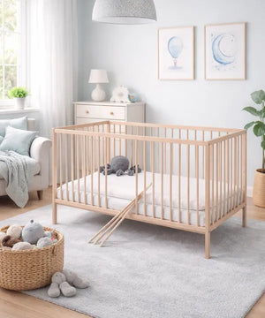 cuna de madera hanna en dormitorio de bebé con tonos frios