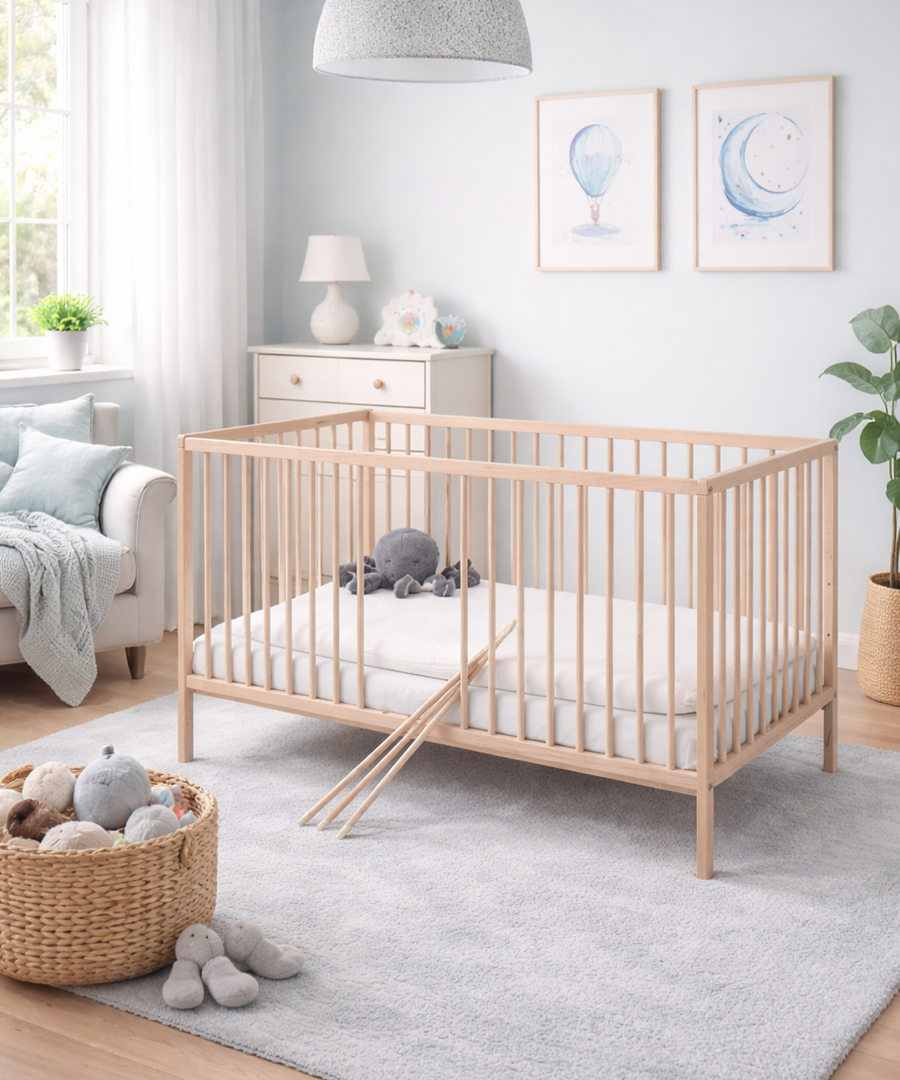 cuna de madera hanna en dormitorio de bebé con tonos frios