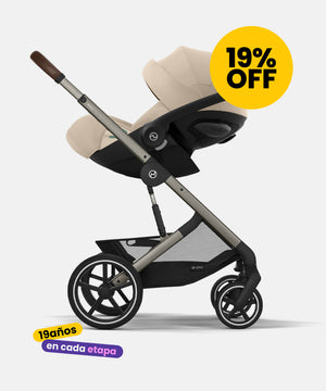coche de bebé travel system con silla de auto nido cloud t para recien nacidos de cybex colo cozy beige y chasis de coche de paseo balios s lux de cybex con 19% de descuento 19 año en cada etapa