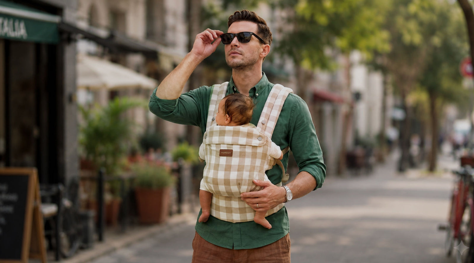 hombre usando lentes de sol con portabebé purehug de momcozy