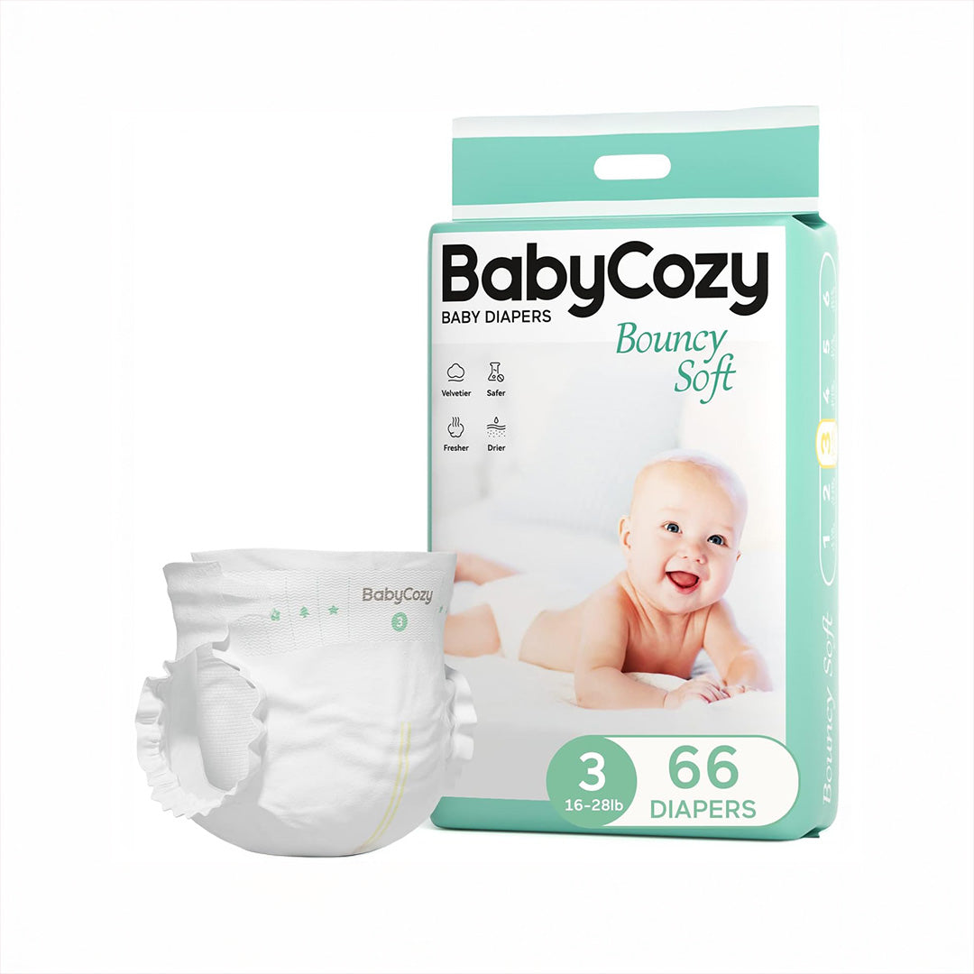 Pack pañales desechables Babycozy Talla 3 (7,3–12,7 kg) — 66 unidades hipoalergénicos sin cloro ni aditivos