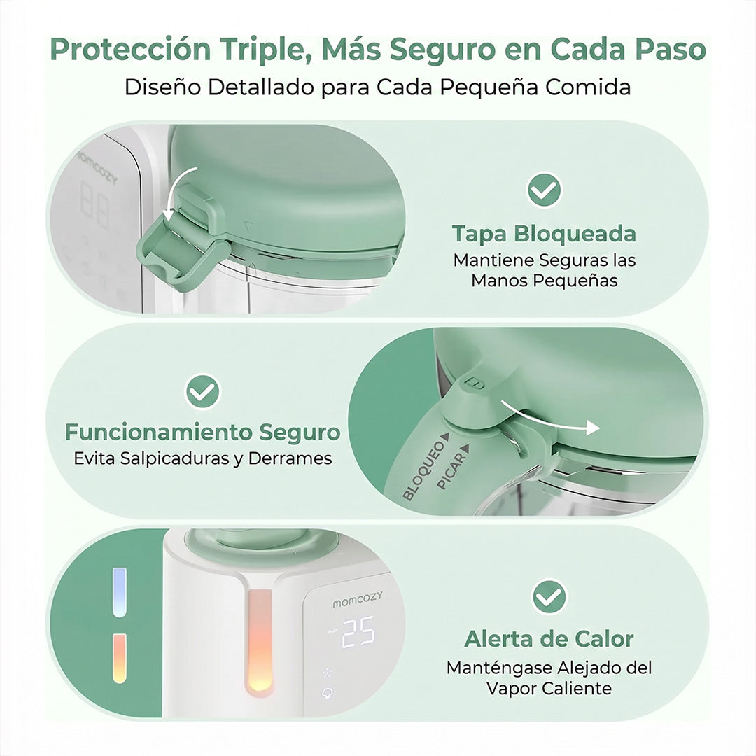 Protección triple del procesador Momcozy AutoMeal — tapa bloqueada, funcionamiento anti-salpicaduras y alerta de calor para mayor seguridad