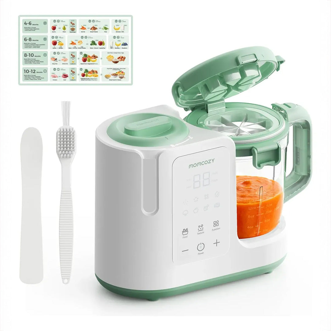 Procesadora de alimentos para bebé Momcozy AutoMeal — pack shot con tapa abierta, cepillo de limpieza y guía de recetas incluidos