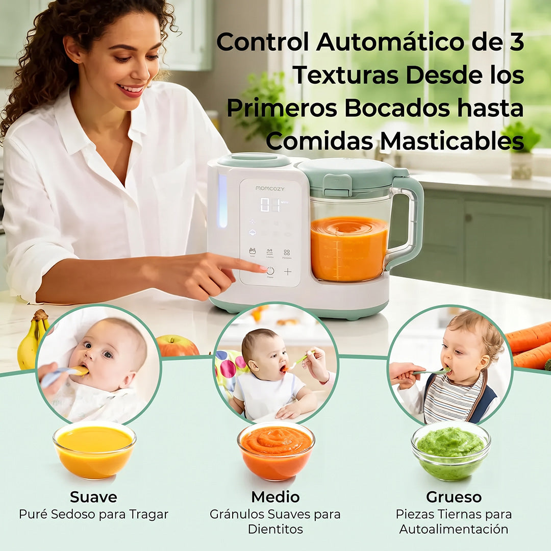 3 texturas automáticas del procesador Momcozy AutoMeal — suave, medio y grueso para cada etapa de la alimentación complementaria