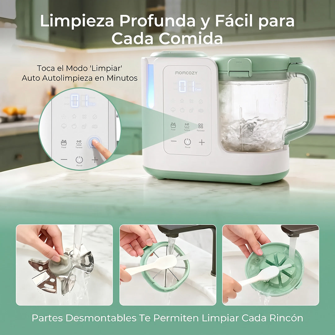 Limpieza profunda Momcozy AutoMeal — partes desmontables aptas para lavavajillas y ciclo automático de higiene