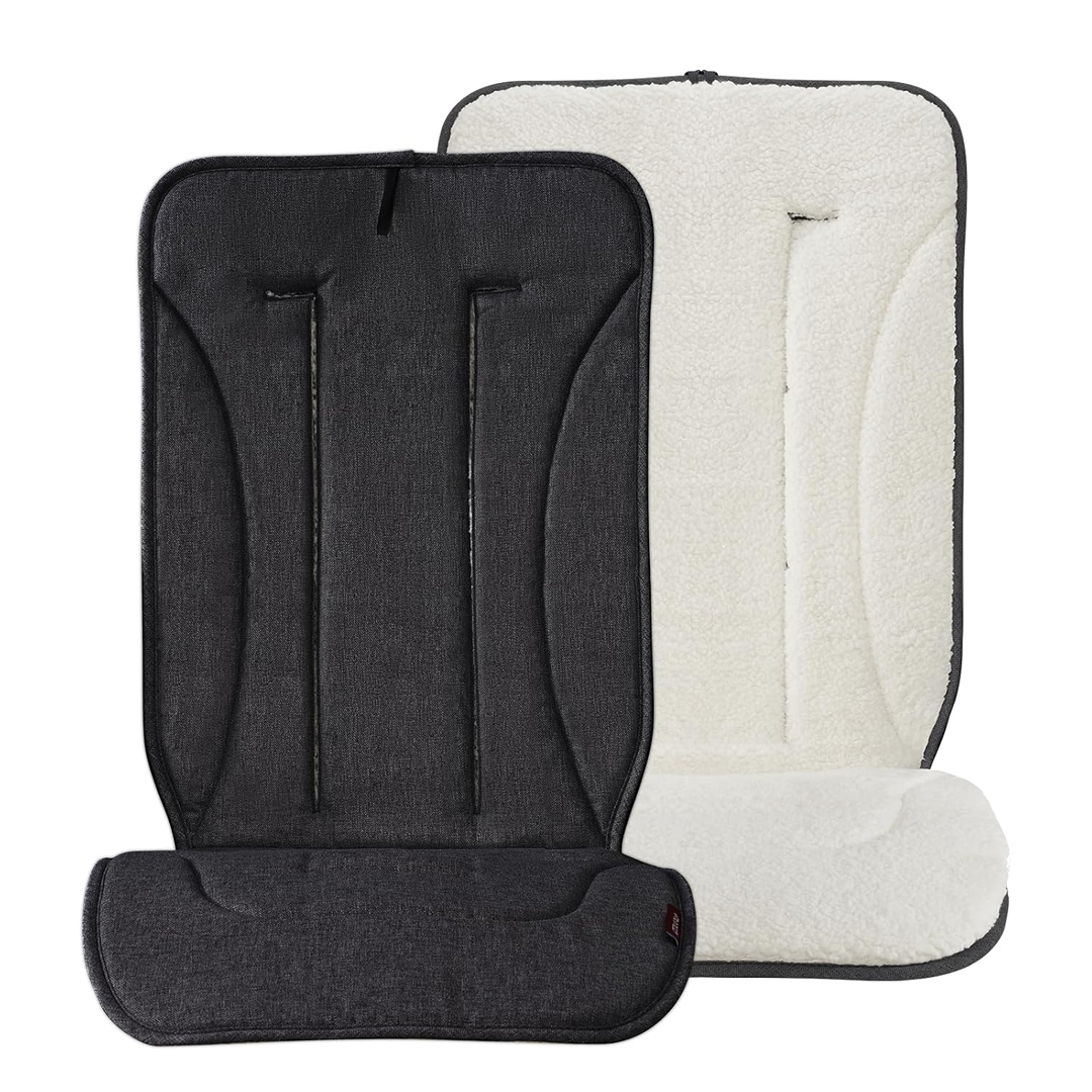 Protector reversible para coche Momcozy, lado gris oscuro transpirable al frente y lado blanco de felpa suave al fondo, con aberturas para el arnés