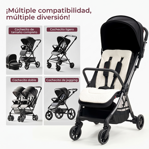 Coche de paseo negro con el protector reversible Momcozy de felpa blanca, junto a ejemplos de coches compatibles: de tamaño completo, ligero, doble y de jogging