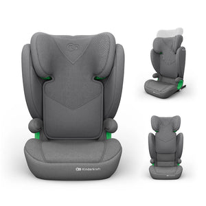 Silla de auto Butaca Junior Fix 2 Plus i-Size Kinderkraft color gris, collage con vista frontal, vista trasera con reposacabezas en posición elevada y vista en ángulo