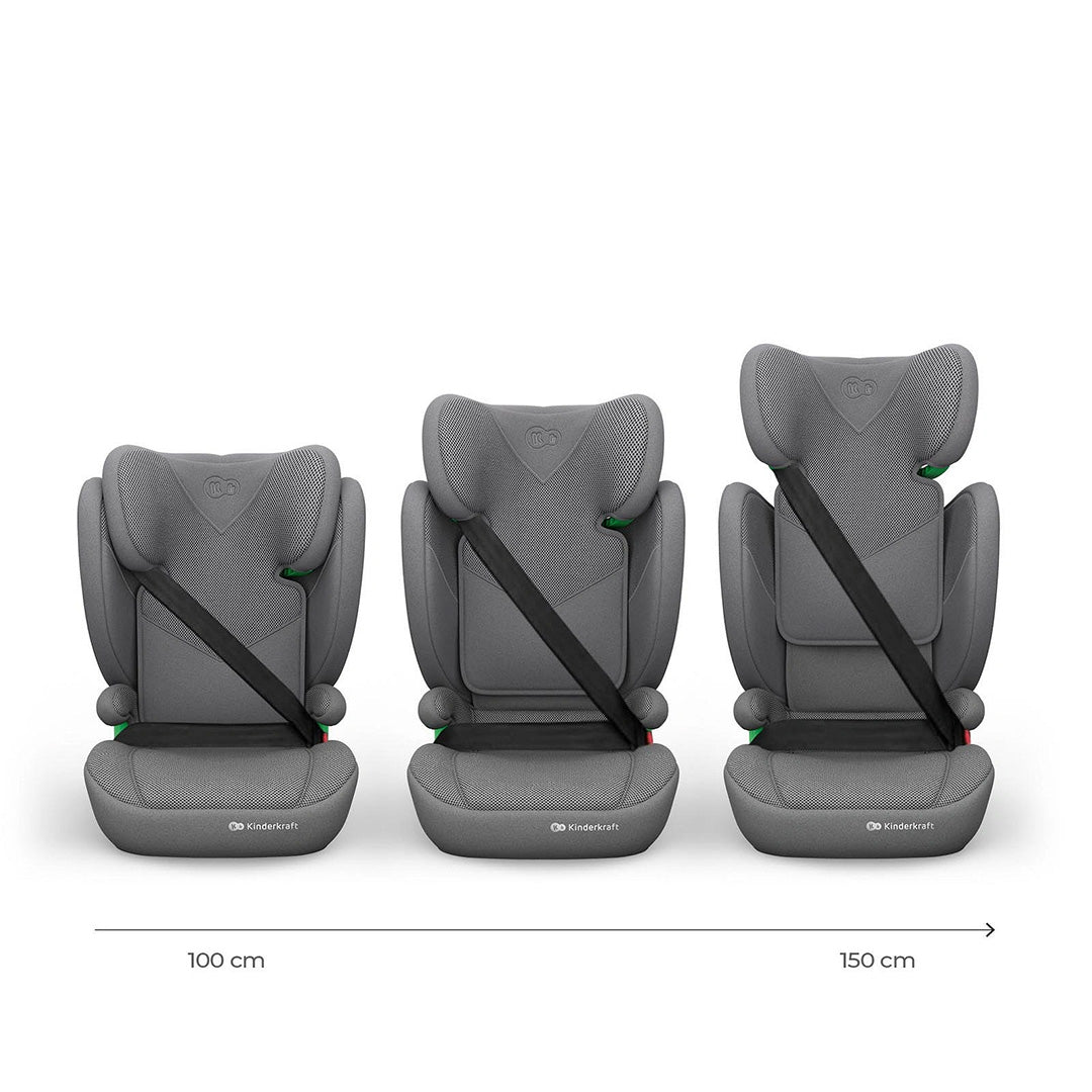 Silla de auto Butaca Junior Fix 2 Plus i-Size Kinderkraft color gris, comparación de tres alturas de reposacabezas para niños de 100 a 150 cm