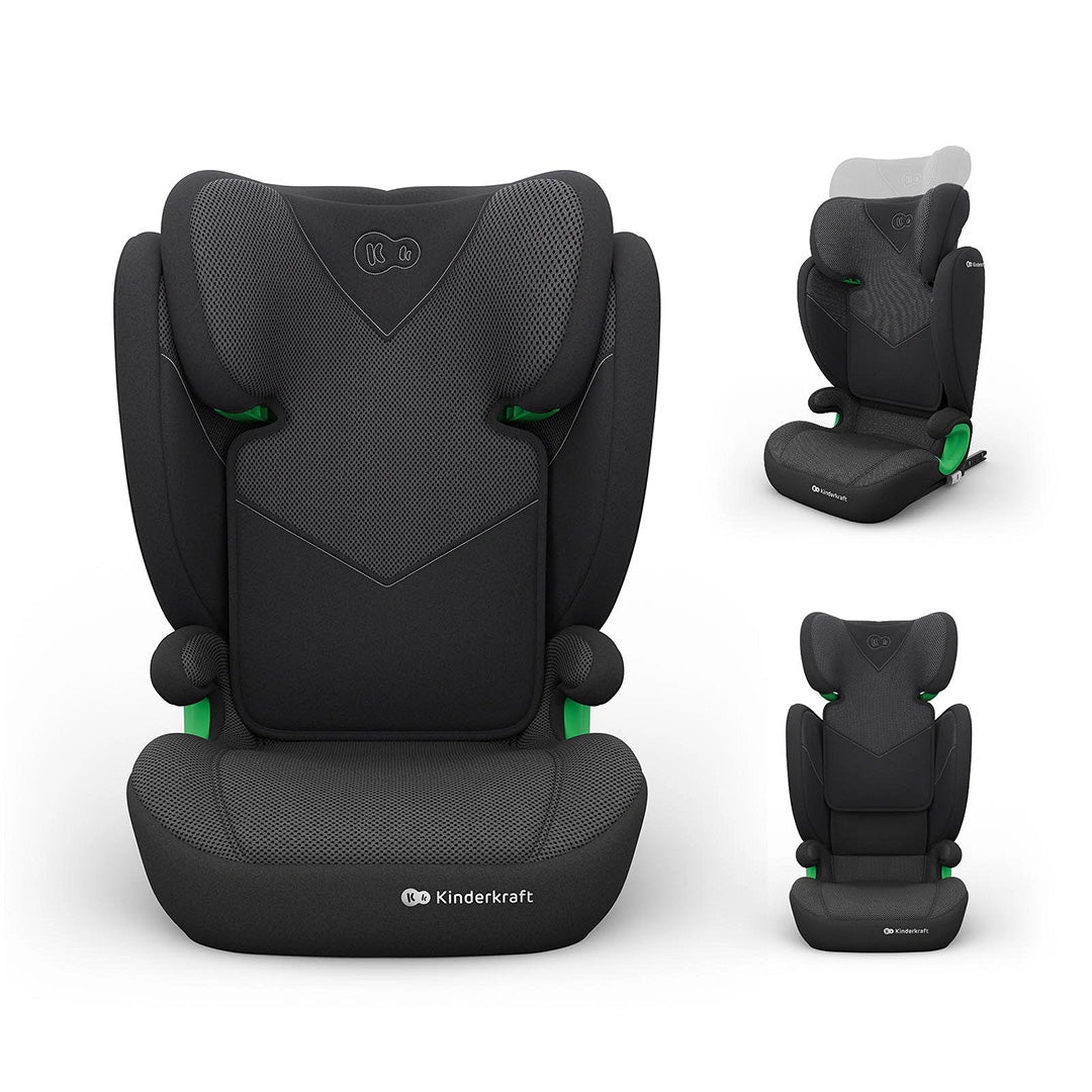 Silla de auto Butaca Junior Fix 2 Plus i-Size Kinderkraft color negro, collage con vista frontal, vista trasera con reposacabezas en posición elevada y vista en ángulo