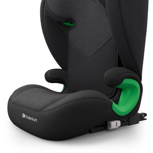 Silla de auto Butaca Junior Fix 2 Plus i-Size Kinderkraft color negro, primer plano de la tela transpirable del respaldo con guías de cinturón en verde