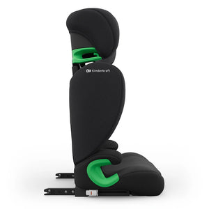 Silla de auto Butaca Junior Fix 2 Plus i-Size Kinderkraft color negro, detalle del conector isofix verde y logo Kinderkraft en el lateral del asiento