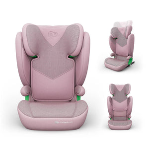 Silla de auto Butaca Junior Fix 2 Plus i-Size Kinderkraft color rosa, collage con vista frontal, vista trasera con reposacabezas en posición elevada y vista en ángulo