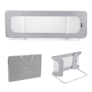 Barrera para cama Guard & Dream - KinderKraft -Tres vistas del producto: arriba la barrera desplegada con malla y borde acolchado; abajo izquierda la bolsa de transporte negra con logo Kinderkraft y asa; abajo derecha la barrera plegada de forma compacta con estructura metálica visible -  Mini Nuts - Expertos en sillas de auto y coches de paseo