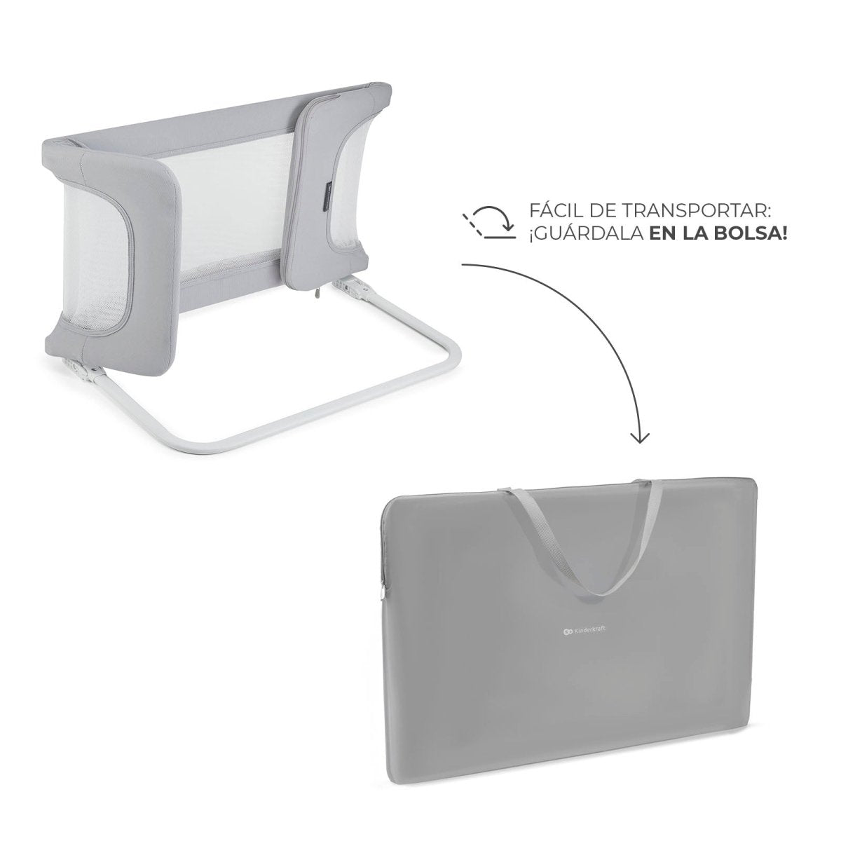 Barrera para cama Guard & Dream - Dos elementos sobre fondo blanco: arriba la barrera plegada en posición compacta con estructura  gris visible; abajo la bolsa de transporte negra rectangular con logo Kinderkraft y asa. Flecha y texto indican que se guarda fácilmente en la bolsa Mini Nuts - Expertos en sillas de auto y coches de paseo