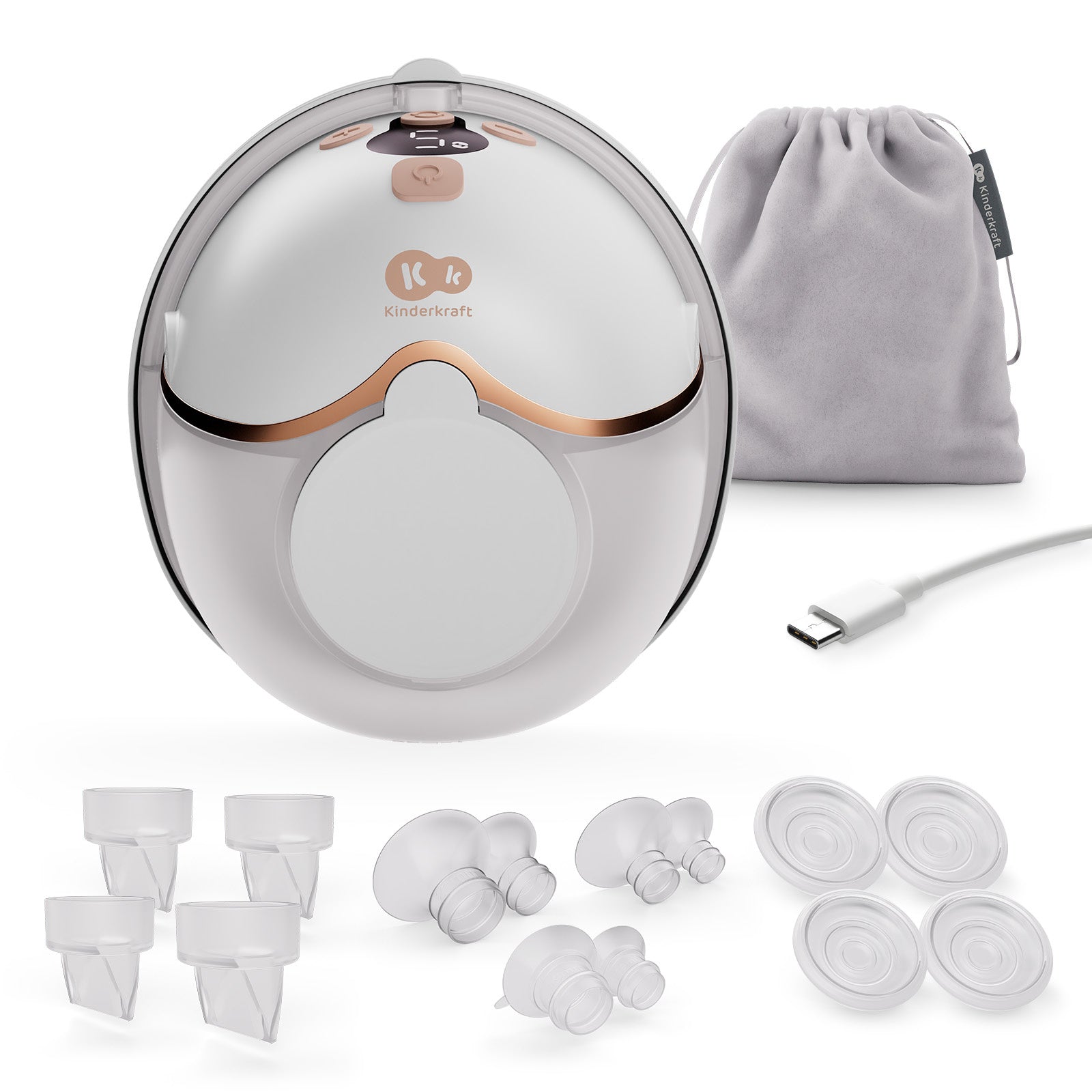 Extractor de leche inalámbrico Mamaflow Kinderkraft color dorado junto a su colector