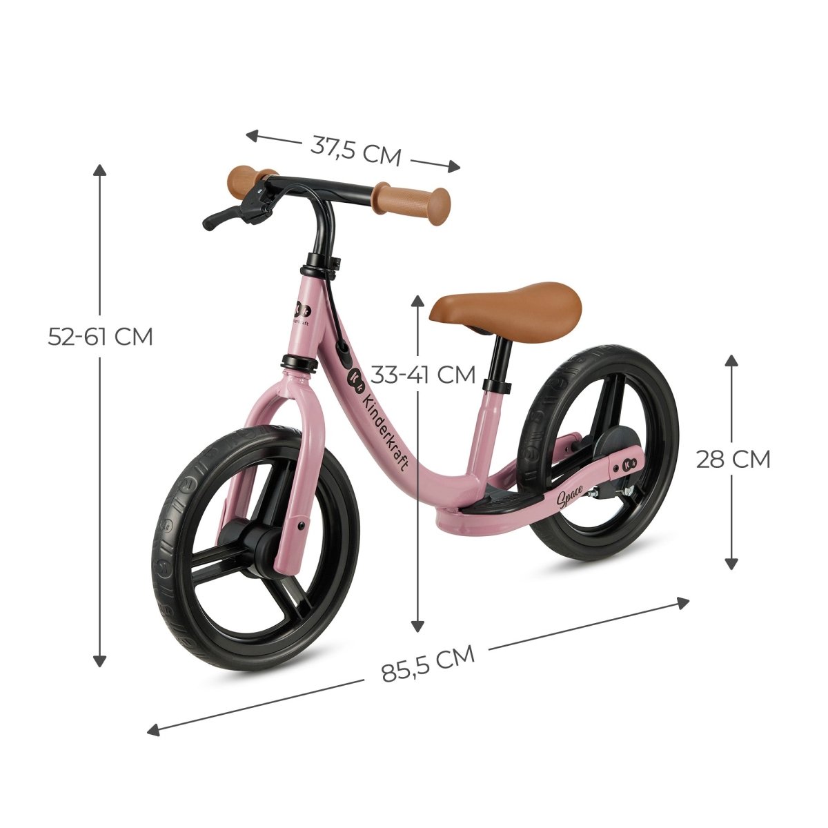 detalle de medidas de Bicicleta de equilibrio rosada Space de Kinderkraft