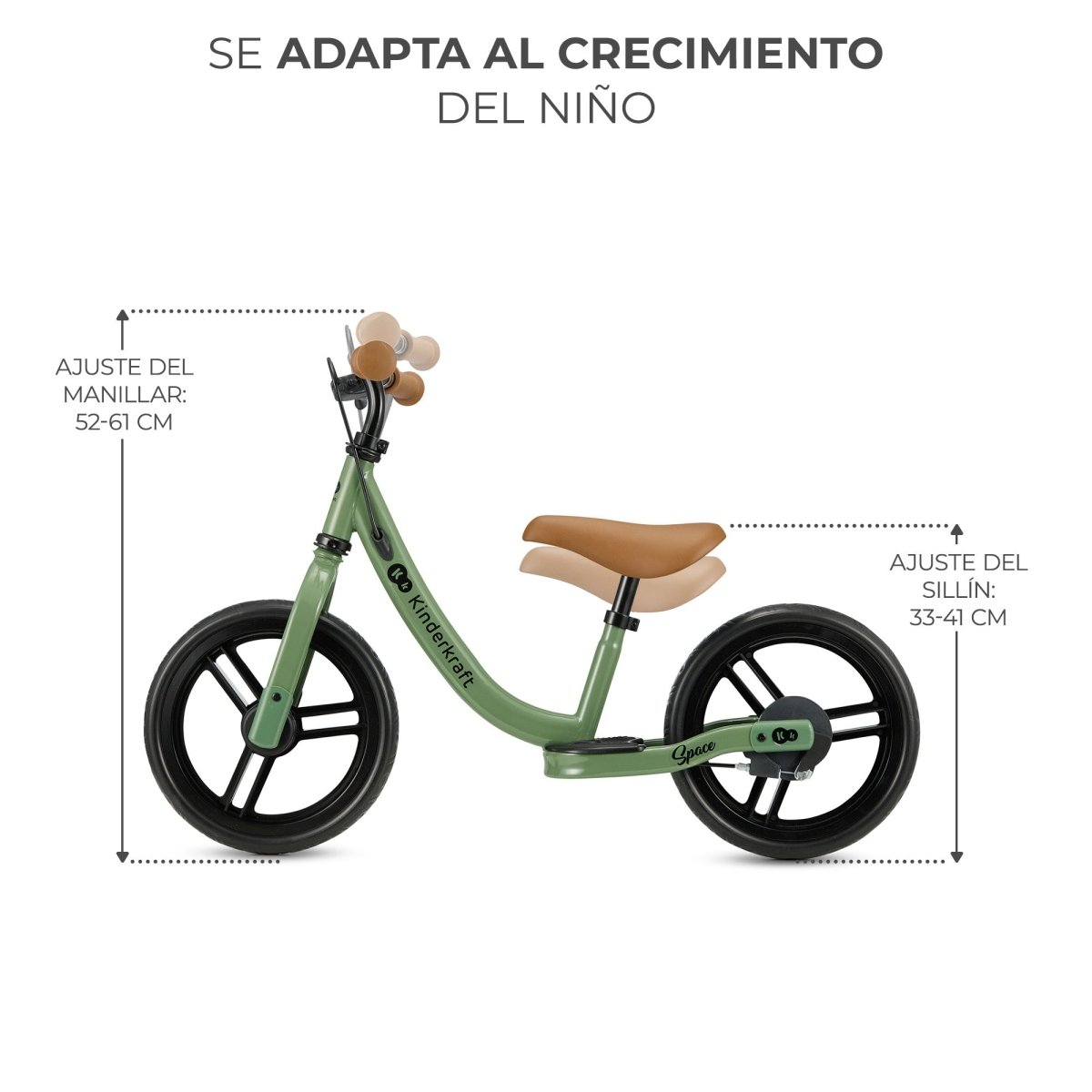 detalle de ajuste sillín y manillar de Bicicleta de equilibrio verde Space de Kinderkraft