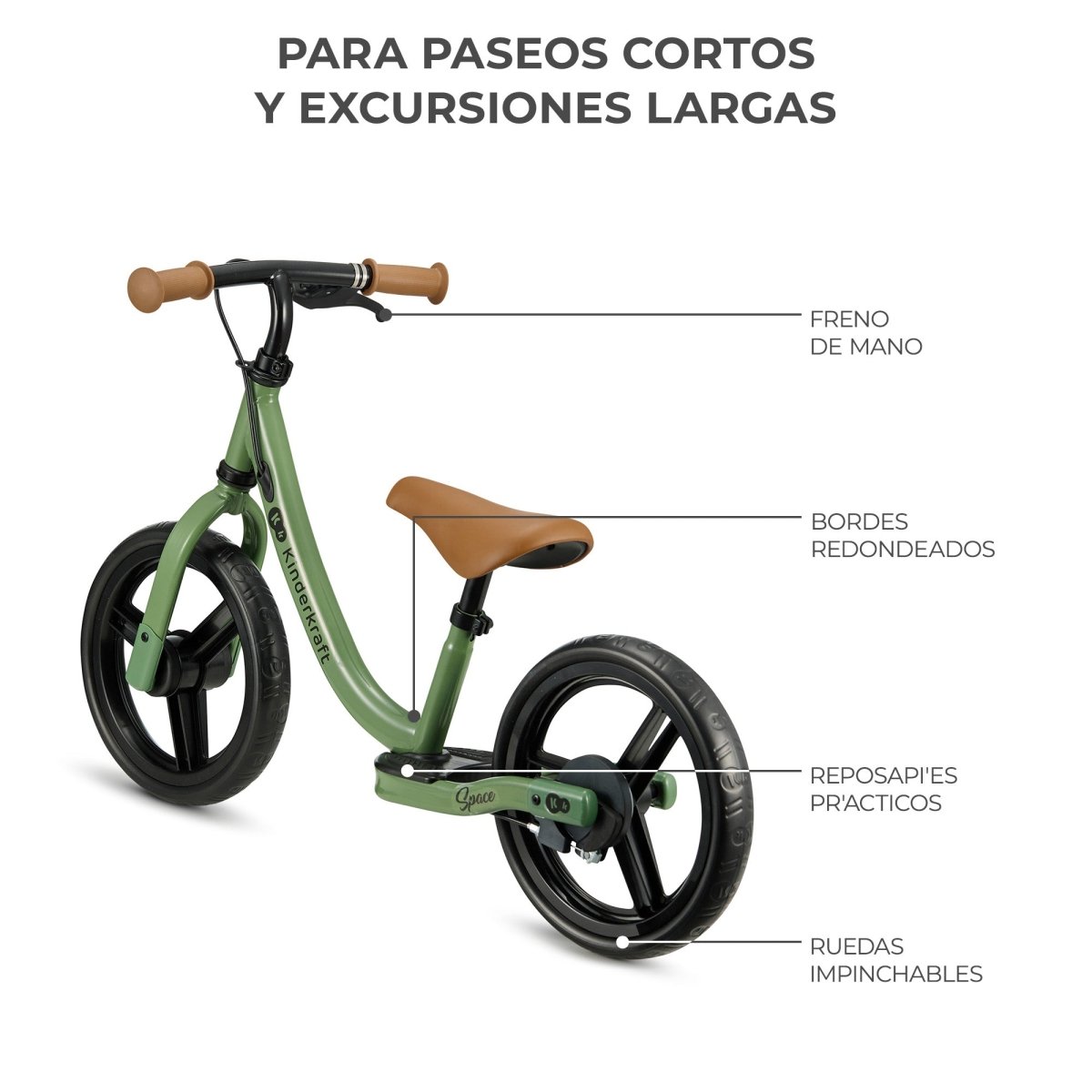 detalle de caracteristicas de Bicicleta de equilibrio verde Space de Kinderkraft