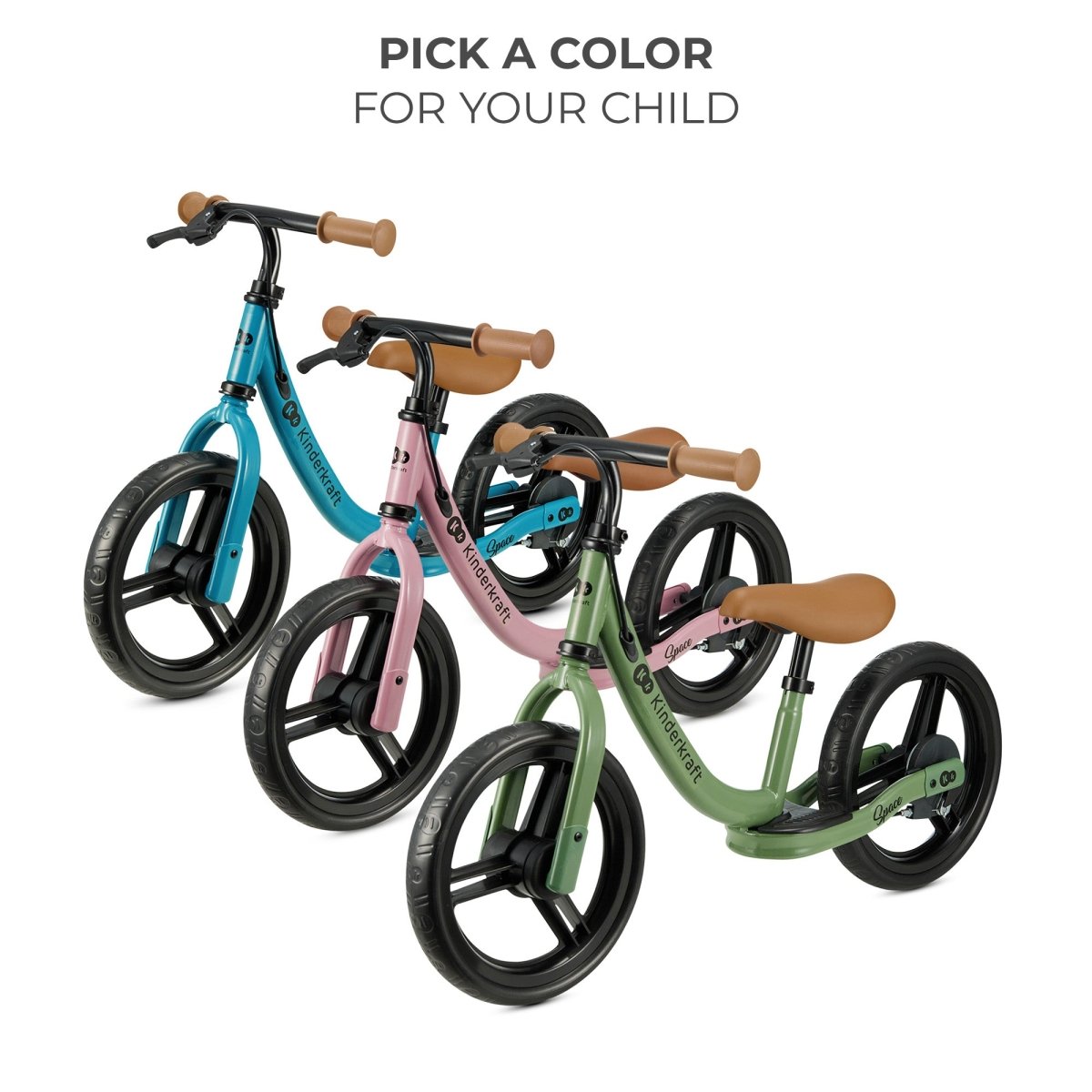 Bicicletas de equilibrio azul, rosa y verde Space de Kinderkraft