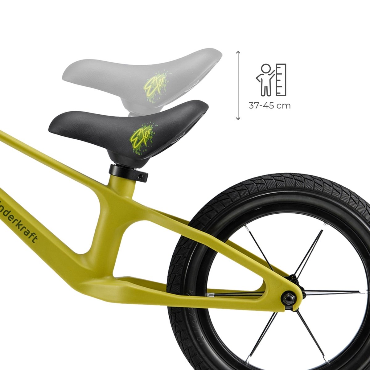 Detalle de sillin ajustable en altura de bicicleta de balance amarillo lima de Kinderkraft