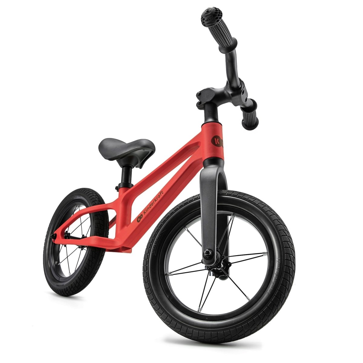 Vista lateral frontal de bicicleta de balance roja de Kinderkraft 